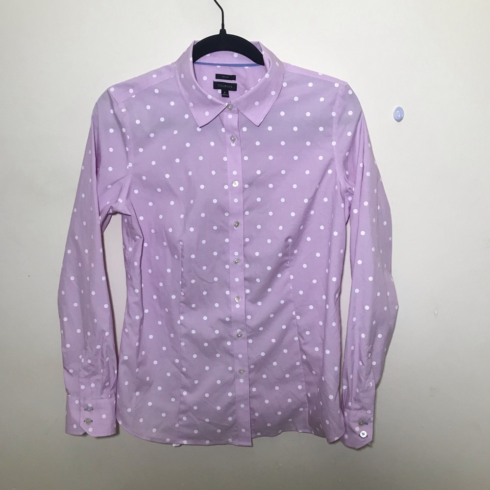 Talbots lilac lavender polka dot blouse button up shirt button down purple pink